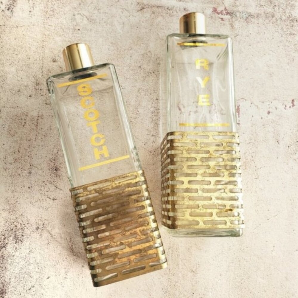 Vintage Midcentury Modern Bohemian Bar Decor Glass Containers Bottles Scotch Rye